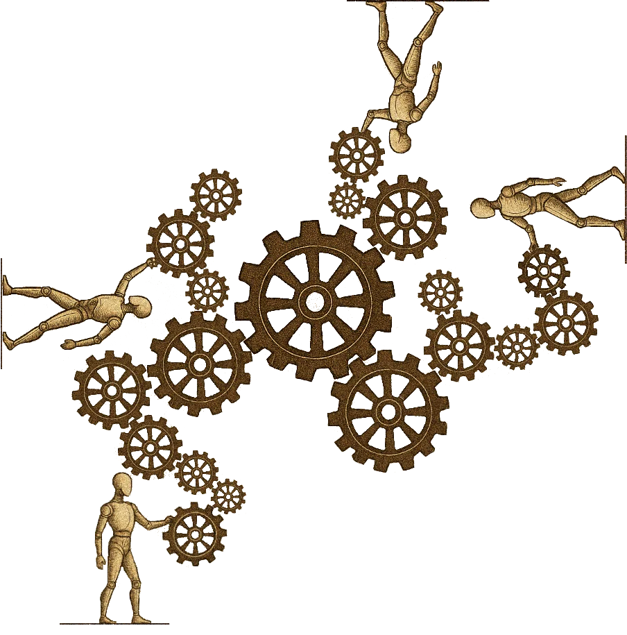 A square image with four men standing on each side of the inner sides of the square. The men are reaching out turning gears that are connected in gear chains to a large inner gear in the center of the image.