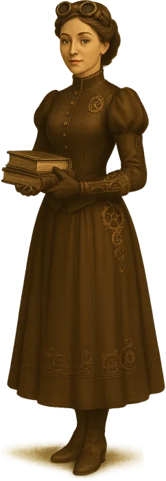 a woman with steampunk accessories stands holding two books in front of her.