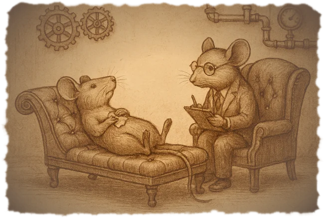 a worn image of a mouse therapist talking to a mouse client
